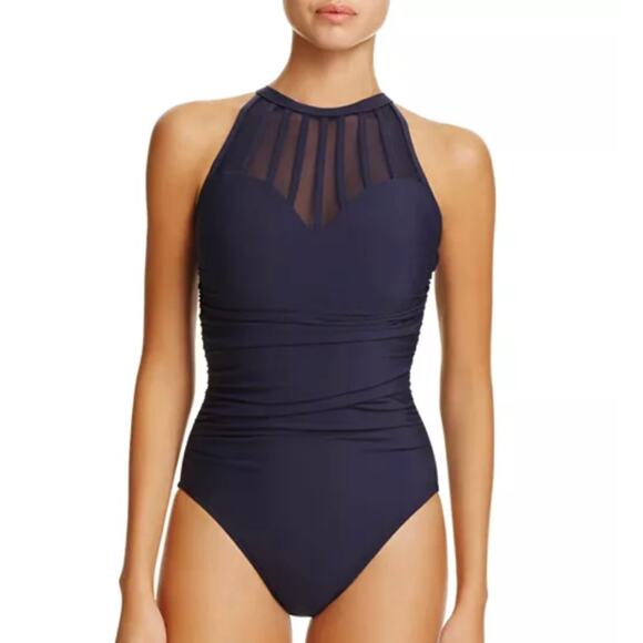 Magicsuit NWT Behind Bars Anastasia Mesh Inset One Piece Swimsuit Navy Size 12 - Picture 1 of 13